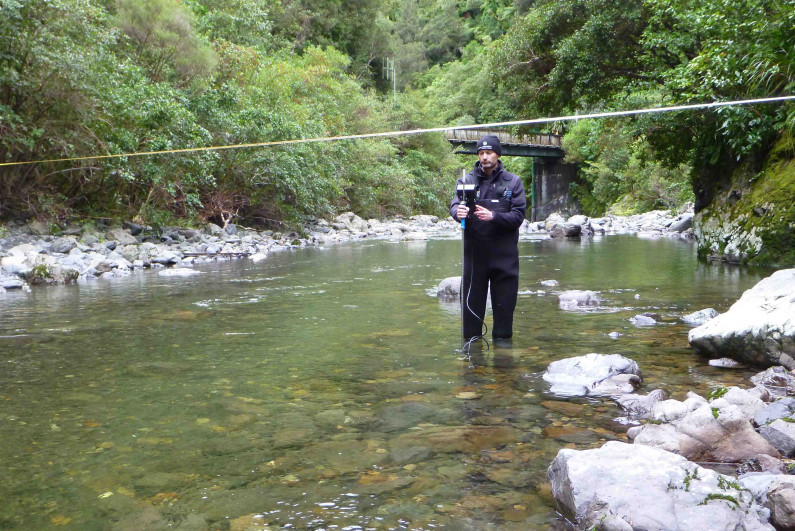 Man standing in a shallow river testing the flow of the water